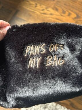 Black Faux Fur Pouch with 'Paws Off My Bag' Embroidery